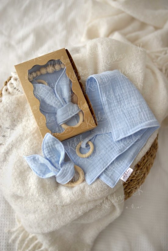 Mušelínový set pro miminko v elegantním dárkovém balení světle modrý – ideální dárek pro novorozence | KIKIKA