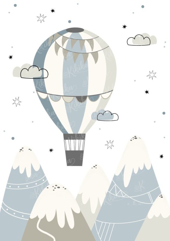 Plakát s ilustrací horkovzdušného balónu v modrých tónech. | KIKIKA