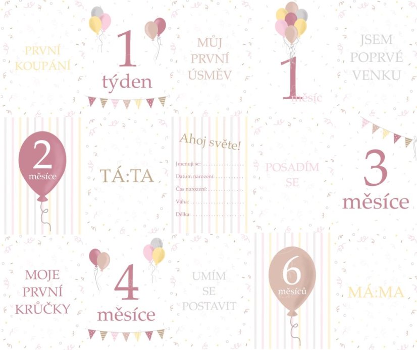 Detailní pohled na milníkové kartičky s motivem balónků a texty označujícími měsíce a významné okamžiky miminka, v růžových barvách | KIKIKA