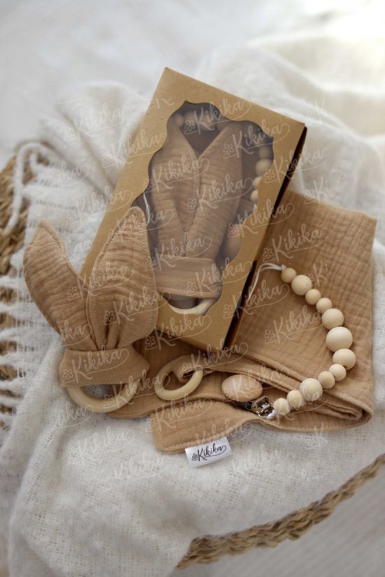 Mušelínový set pro miminko v elegantním dárkovém balení béžový – ideální dárek pro novorozence | KIKIKA