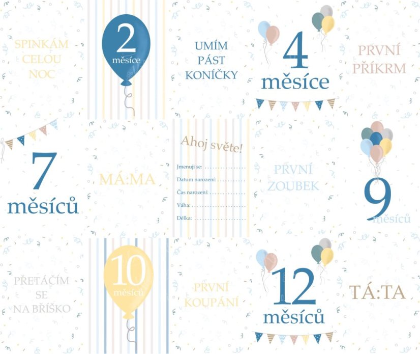 Milníkové kartičky pro miminko a dvojčátka – Balónky (31 ks) - Barva kartiček:: Modrá, Druh kartiček:: PRO JEDNO DĚŤÁTKO