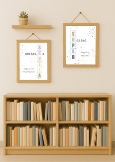 Plakáty pro učitelke s nápisy "SKVĚLÁ" a "SUPER" a s textem poděkování v jemných pastelových barvách | KIKIKA