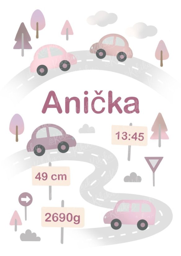 Personalizovaný plakát s údaji o narození – Autíčka - Formát:: A4, Barva:: Růžová