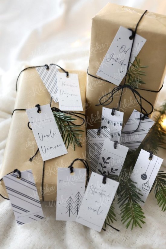 Vánoční cedulky na dárky Kikika minimalistické černobílé | Kikika