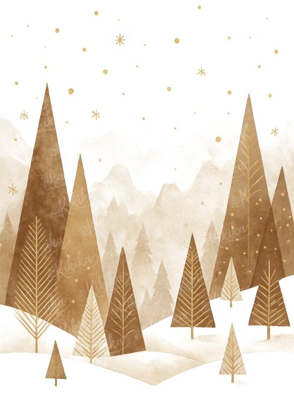 Vánoční plakát Zimní krajina – ilustrace zimního lesa v béžových tónech od Kikika