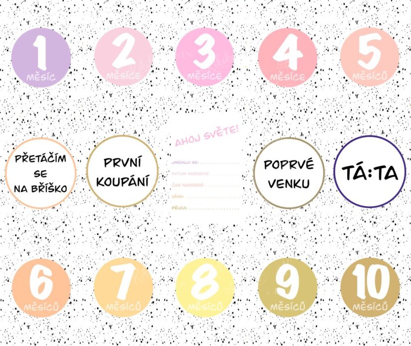 Detailní pohled na milníkové kartičky s barevnými puntíky a texty označujícími měsíce a významné okamžiky miminka, v růžových odstínech | KIKIKA