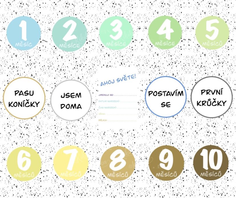 Detailní pohled na milníkové kartičky s barevnými puntíky a texty označujícími měsíce a významné okamžiky miminka, v modrých odstínech | KIKIKA