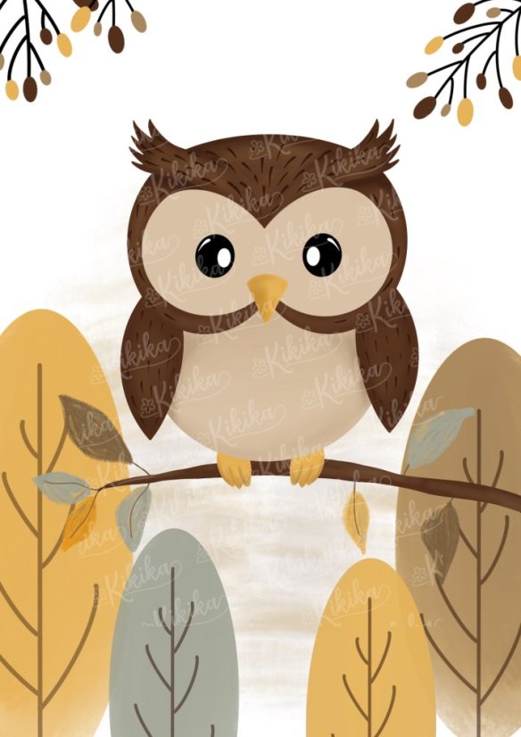 Plakát s ilustrací sovy v přírodních tónech. | KIKIKA