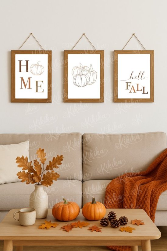 Elegantní podzimní kolekce plakátů – dýně a nápis Hello Autumn v rámu, dekorace s dýněmi a listy v přírodních tónech | KIKIKA