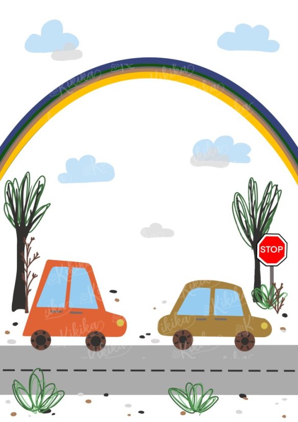 Plakát s ilustrací aut s duhou v oranžových tónech. | KIKIKA