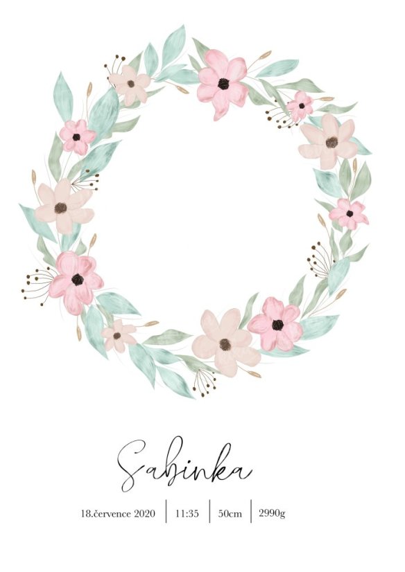 Personalizovaný plakát s květinovým věncem v pastelových tónech, doplněný údaji o narození dítěte | KIKIKA
