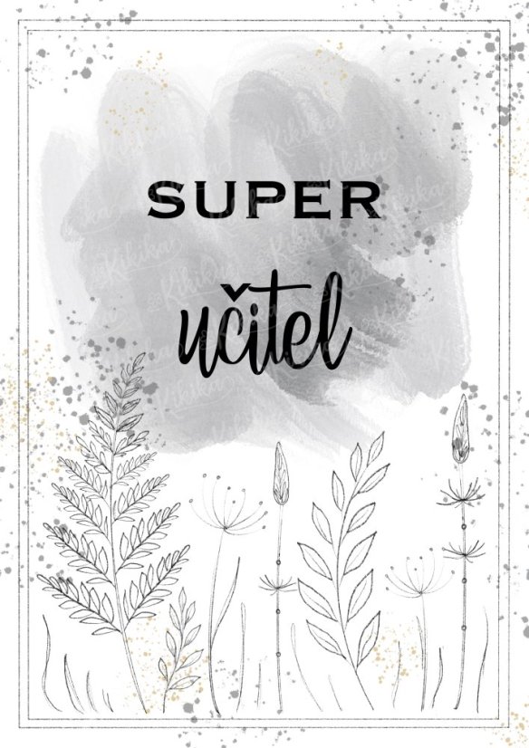 Detail plakátu s poděkováním pro učitele v šedé  barvě – elegantní písmo a přírodní motivy | KIKIKA