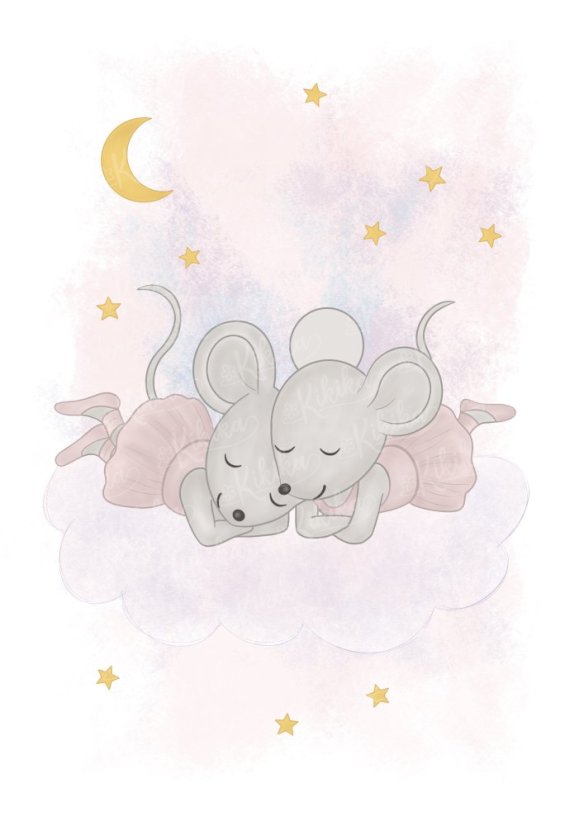 Spící myšky na obláčku – něžná ilustrace dvou spících baletek mezi hvězdami | KIKIKA