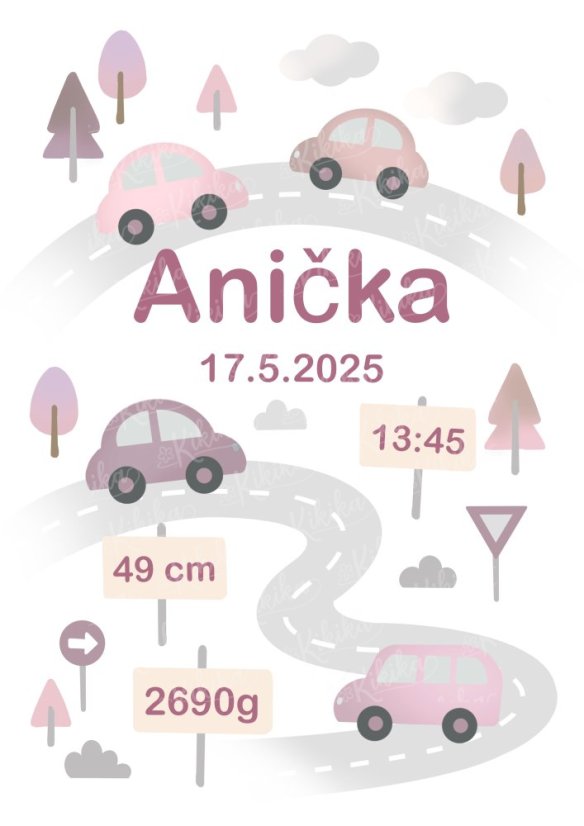 Personalizovaný dětský plakát s autíčky a růžovými tóny – údaje o narození holčičky | KIKIKA