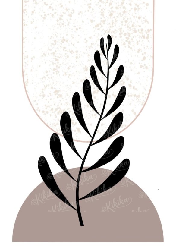 Plakát s černým listem vyrůstajícím z růžového půlkruhu, doplněný jemnými béžovými texturami | KIKIKA