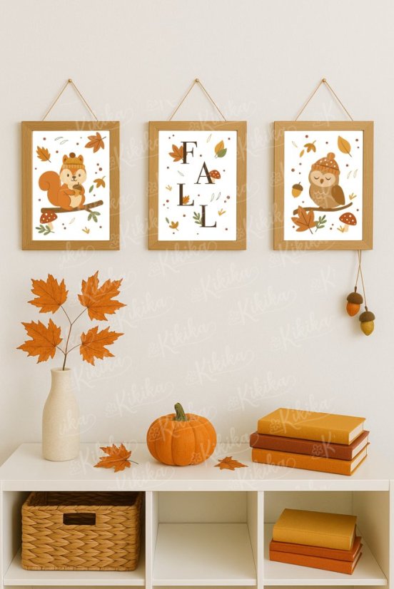 Dětská podzimní kolekce plakátů – veverka, sovička a nápis FALL v rámu, dekorace s dýní a listy | KIKIKA