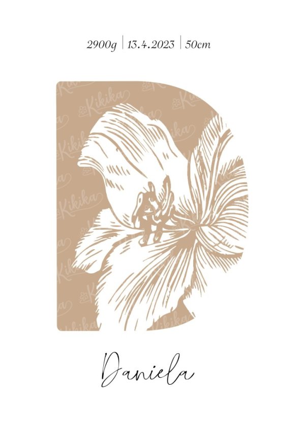 Personalizovaný plakát s iniciálou jména zdobenou hnědým květinovým motivem, doplněný údaji o narození dítěte | KIKIKA