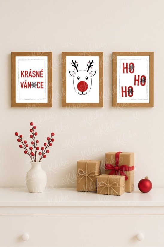 Sada tří vánočních plakátů Vánoční radost – moderní červeno-černá kolekce v interiéru od KIKIKA