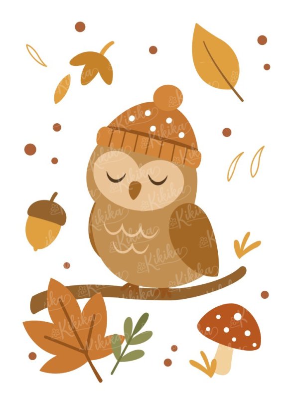 Podzimní dětský plakát se sovičkou v čepičce a listy | KIKIKA