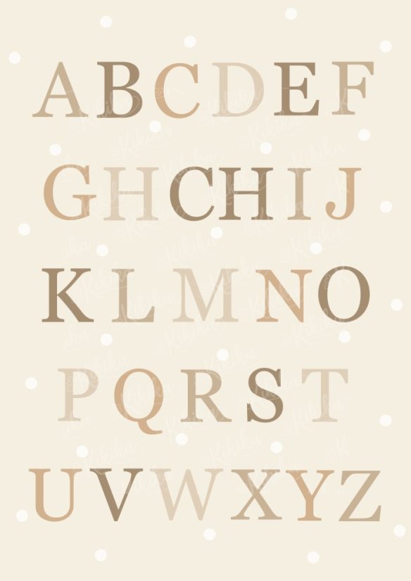 Plakát s ilustrací abecedy doplněný o motiv kopretin v béžovo-bílých tónech. | KIKIKA