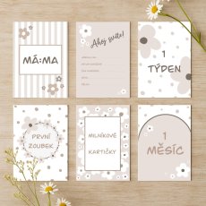 Sada 31 milníkových kartiček v jemném kopretinovém designu s květinovými motivy v béžových a krémových tónech, rozložená na světlém podkladu | KIKIKA