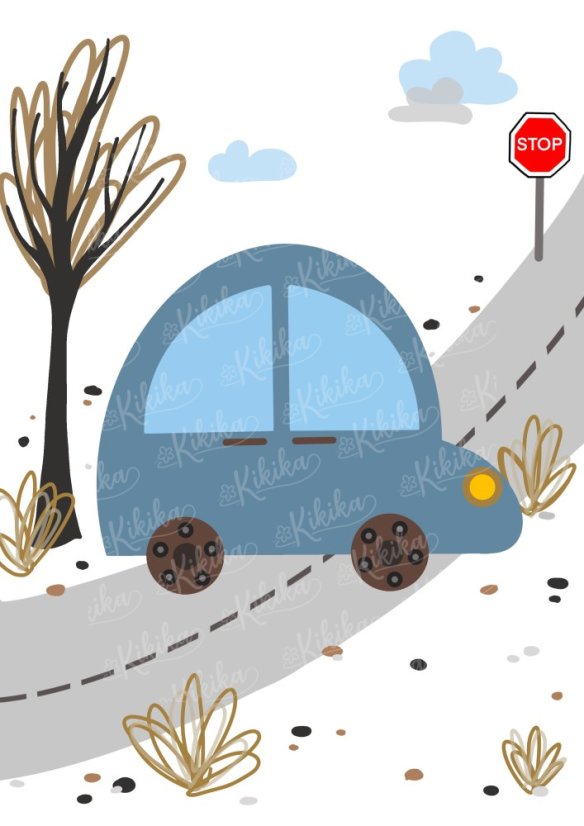Plakát s ilustrací auta na cestě v modrošedých tónech. | KIKIKA