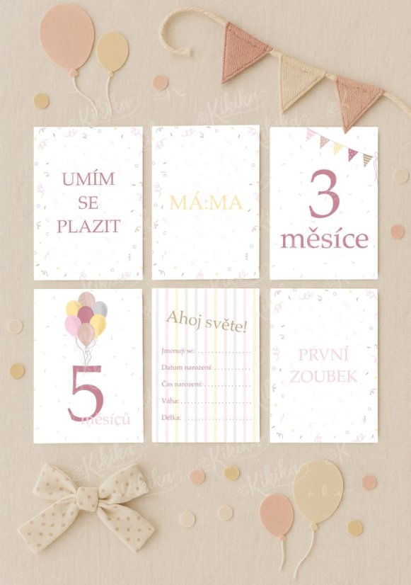 Sada 31 milníkových kartiček s barevnými balónky v pastelových tónech růžové, rozložená na světlém podkladu | KIKIKA