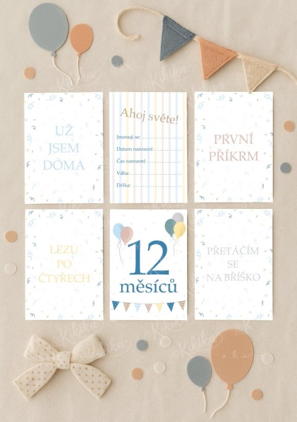 Sada 31 milníkových kartiček s barevnými balónky v pastelových tónech modré, rozložená na světlém podkladu | KIKIKA