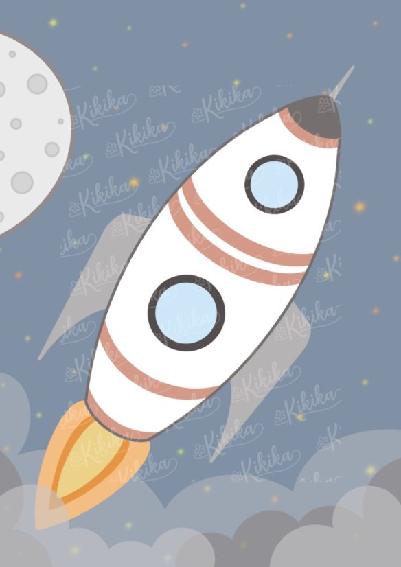Plakát s ilustrací rakety letící vesmírem, doplněný o jméno dítěte v modrošedých tónech. | KIKIKA