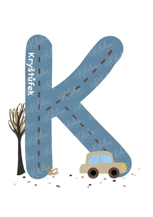 Personalizovaný plakát se jménem dítěte a ilustrací auta v modrošedých tónech. | KIKIKA
