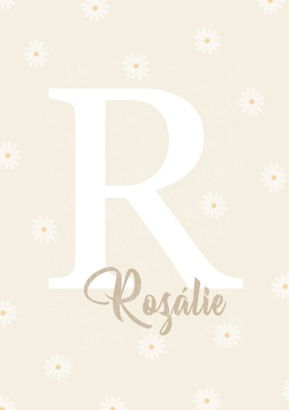 Personalizovaný plakát se jménem dítěte a ilustrací kopretiny v béžovo-bílých tónech. | KIKIKA