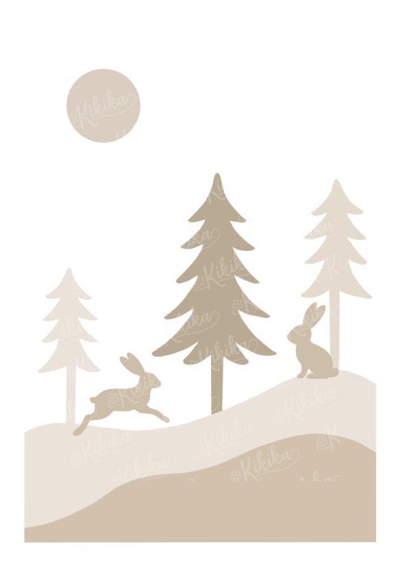 Dětský plakát se siluetami dvou zajíčků mezi stromy – kolekce Siluety v lese | KIKIKA