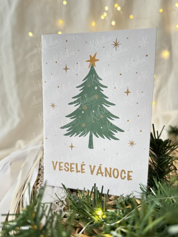 Vánoční přání - Zlatozelená - Motiv přáníčka: Chaloupka