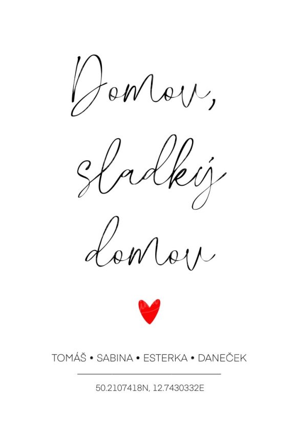 Personalizovaný plakát „Sladký domov“ s jmény členů rodiny a souřadnicemi domova na bílém pozadí v minimalistickém stylu | KIKIKA