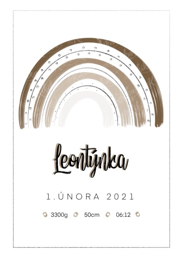 Personalizovaný plakát s ilustrací duhy a údaji o narození dítěte v hnědé variantě | KIKIKA