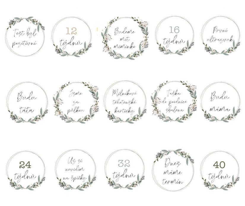Detailní pohled na těhotenské milníkové kartičky s rostlinnými ilustracemi a texty označujícími týdny těhotenství a klíčové milníky, v přírodních barvách | KIKIKA