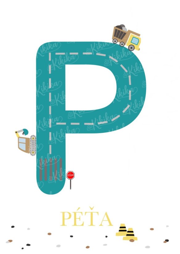 Personalizovaný plakát se jménem dítěte a ilustrací bagru v tyrkysových tónech. | KIKIKA