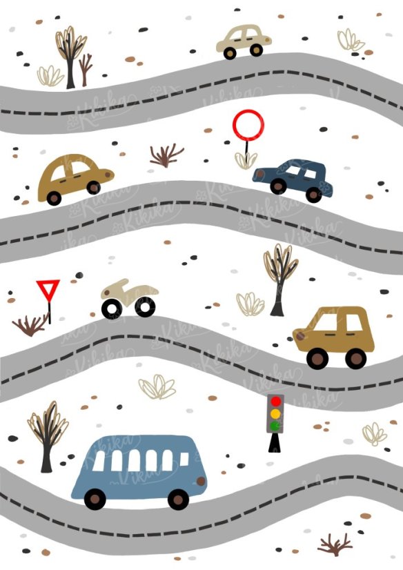 Plakát s ilustrací aut na cestách v modrošedých tónech. | KIKIKA
