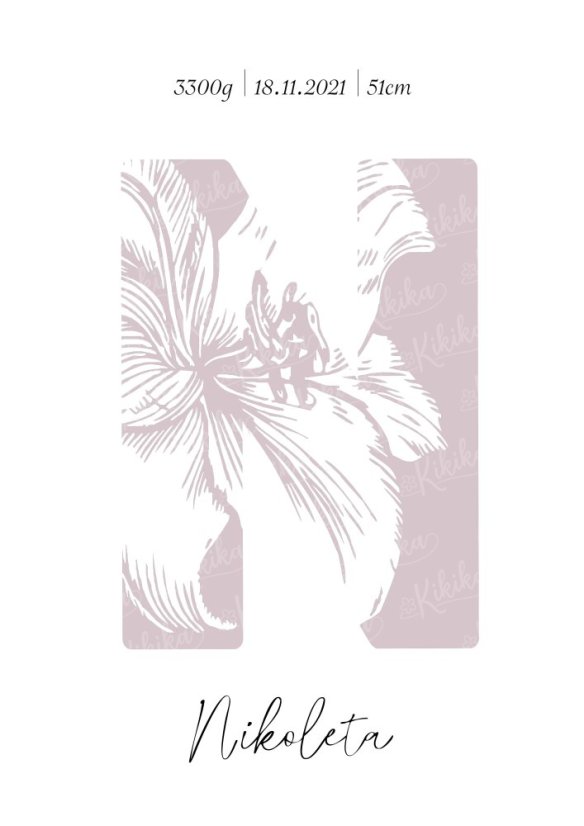 Personalizovaný plakát s údaji o narození – Květinové písmeno - Formát:: A4, Barva:: Světlá šedorůžová