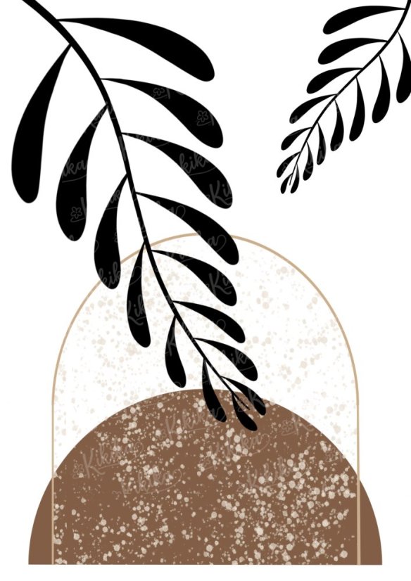 Abstraktní plakát s černým listem a hnědým obloukem v pozadí, přírodní minimalistický styl | KIKIKA