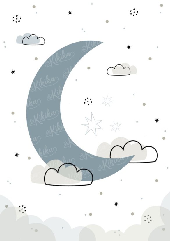 Plakát s ilustrací měsíce nad horami v modrých tónech. | KIKIKA