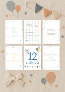 Sada 31 milníkových kartiček s barevnými balónky v pastelových tónech modré, rozložená na světlém podkladu | KIKIKA