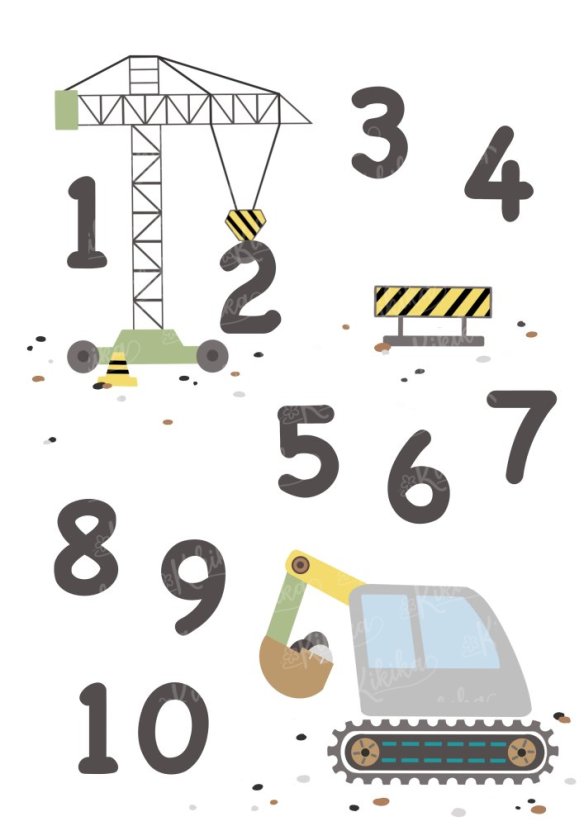 Plakát s bagrem, jeřábem a čísly od 1 do 10 v zelených tónech. | KIKIKA