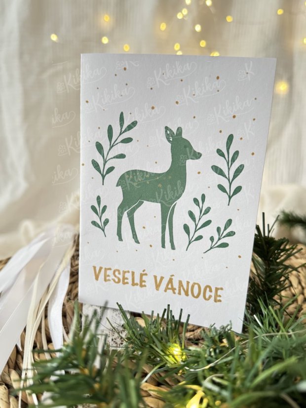 Vánoční přání - Zlatozelená - Motiv přáníčka: Chaloupka