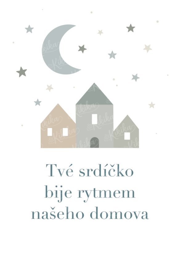 Dětský plakát s domečky a měsícem - Tvé srdíčko bije rytmem našeho domova (modrošedá varianta) | KIKIKA