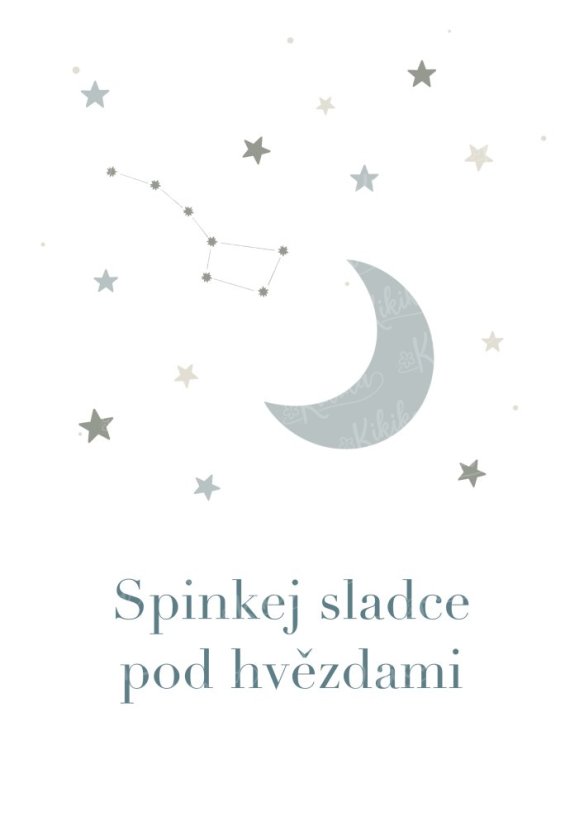 Dětský plakát s motivem měsíce a hvězd - Spinkej sladce pod hvězdami (modrošedá varianta) | KIKIKA