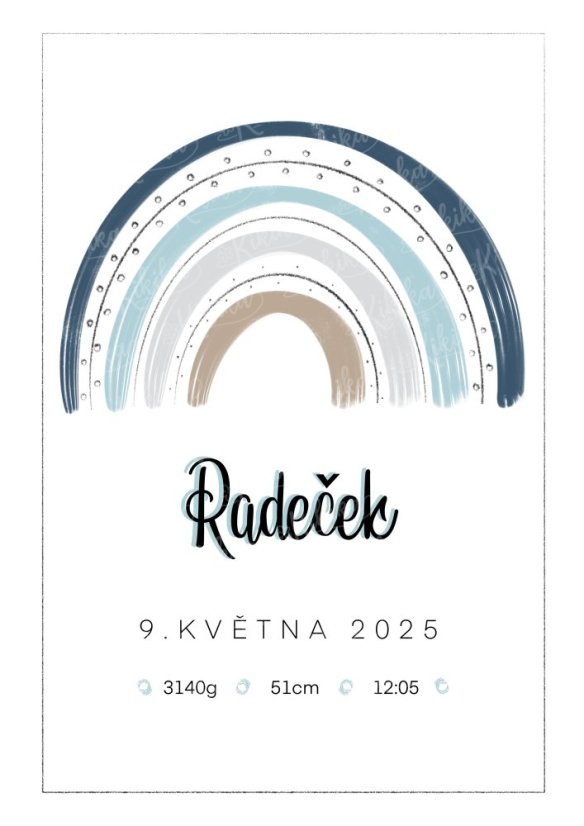 Personalizovaný plakát s ilustrací duhy a údaji o narození dítěte v modré variantě | KIKIKA