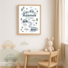 Dětský pokoj s personalizovaným plakátem s autíčky – dekorace s údaji o narození | KIKIKA