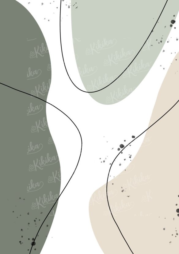 Plakát s jemnými barvami a černými liniemi, organické tvary v béžové a zelené | KIKIKA
