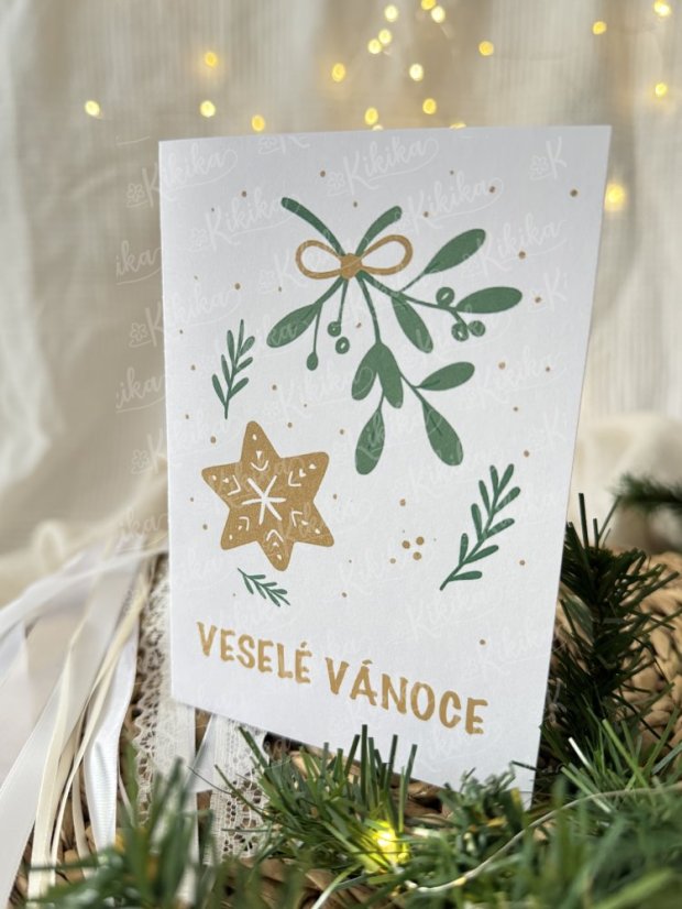 Vánoční přání - Zlatozelená - Motiv přáníčka: Chaloupka